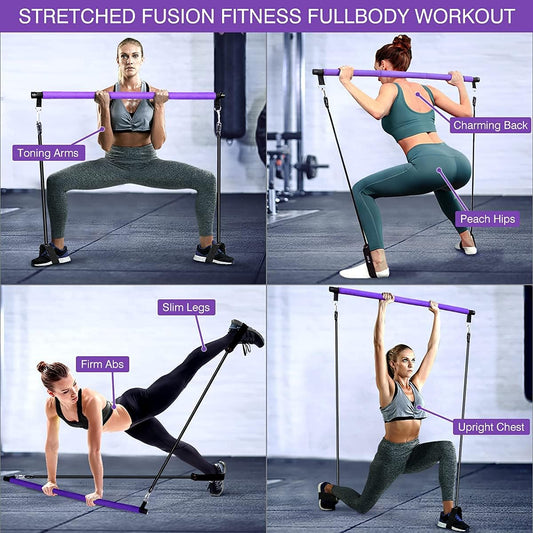 Portable Pilates Exercise Bar Kit with Adjustable 20 and 30 Pound Resistance Bands & Travel Bag for Use at Home, Gym, Office, or Travel, Purple