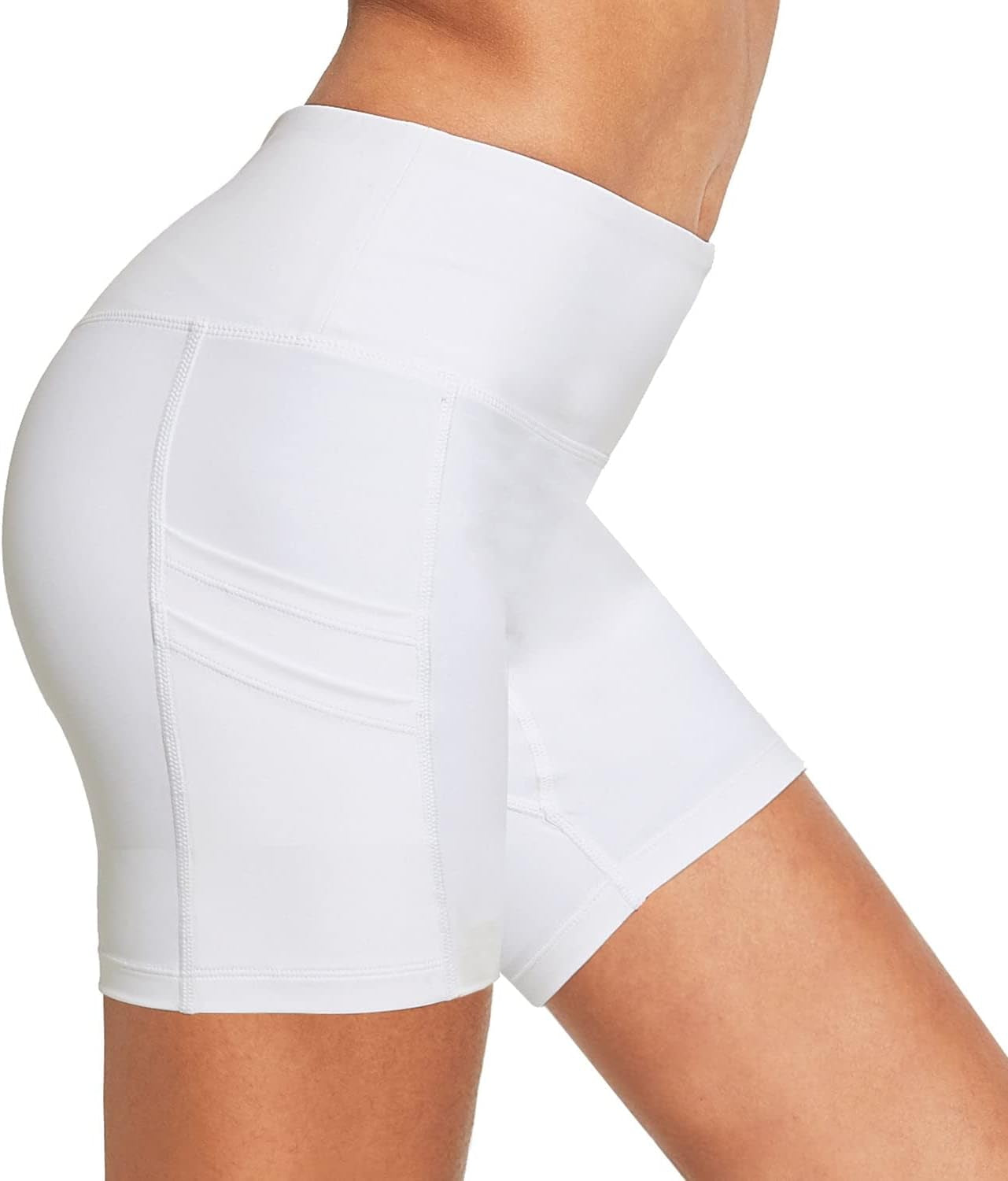 Women's 5-Inch High Waist Compression Biker Shorts with 4 Pockets for Yoga, Volleyball, and Running - White, Size L