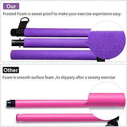 Portable Pilates Exercise Bar Kit with Adjustable 20 and 30 Pound Resistance Bands & Travel Bag for Use at Home, Gym, Office, or Travel, Purple