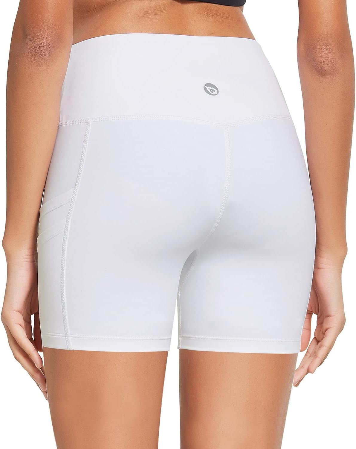 Women's 5-Inch High Waist Compression Biker Shorts with 4 Pockets for Yoga, Volleyball, and Running - White, Size L