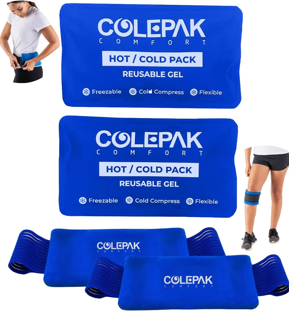 Colepak Reusable Gel Hot & Cold Packs for Pain Relief - 4 Piece Set for Joint and Muscle Soreness, Swelling Relief for Knees, Back, Shoulders, and Feet