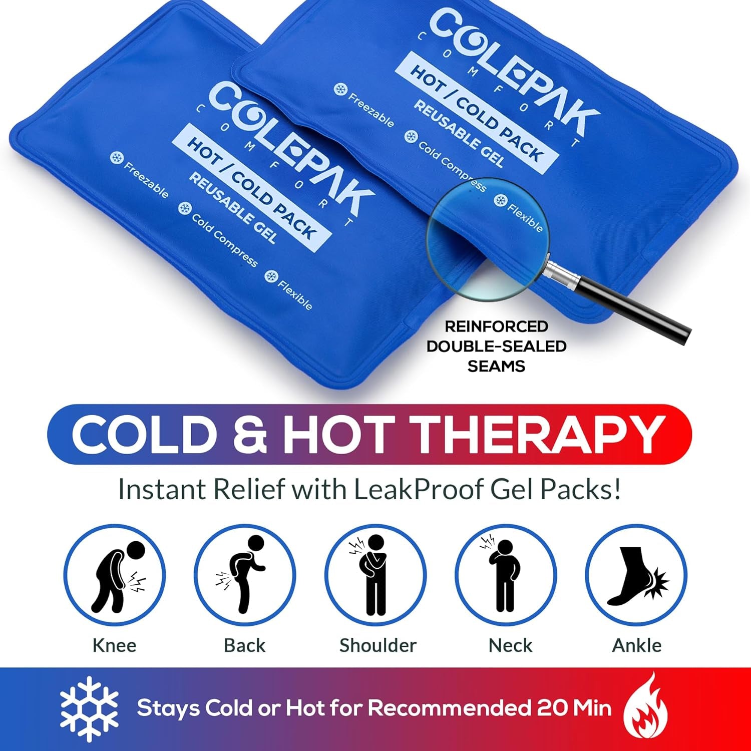 Colepak Reusable Gel Hot & Cold Packs for Pain Relief - 4 Piece Set for Joint and Muscle Soreness, Swelling Relief for Knees, Back, Shoulders, and Feet