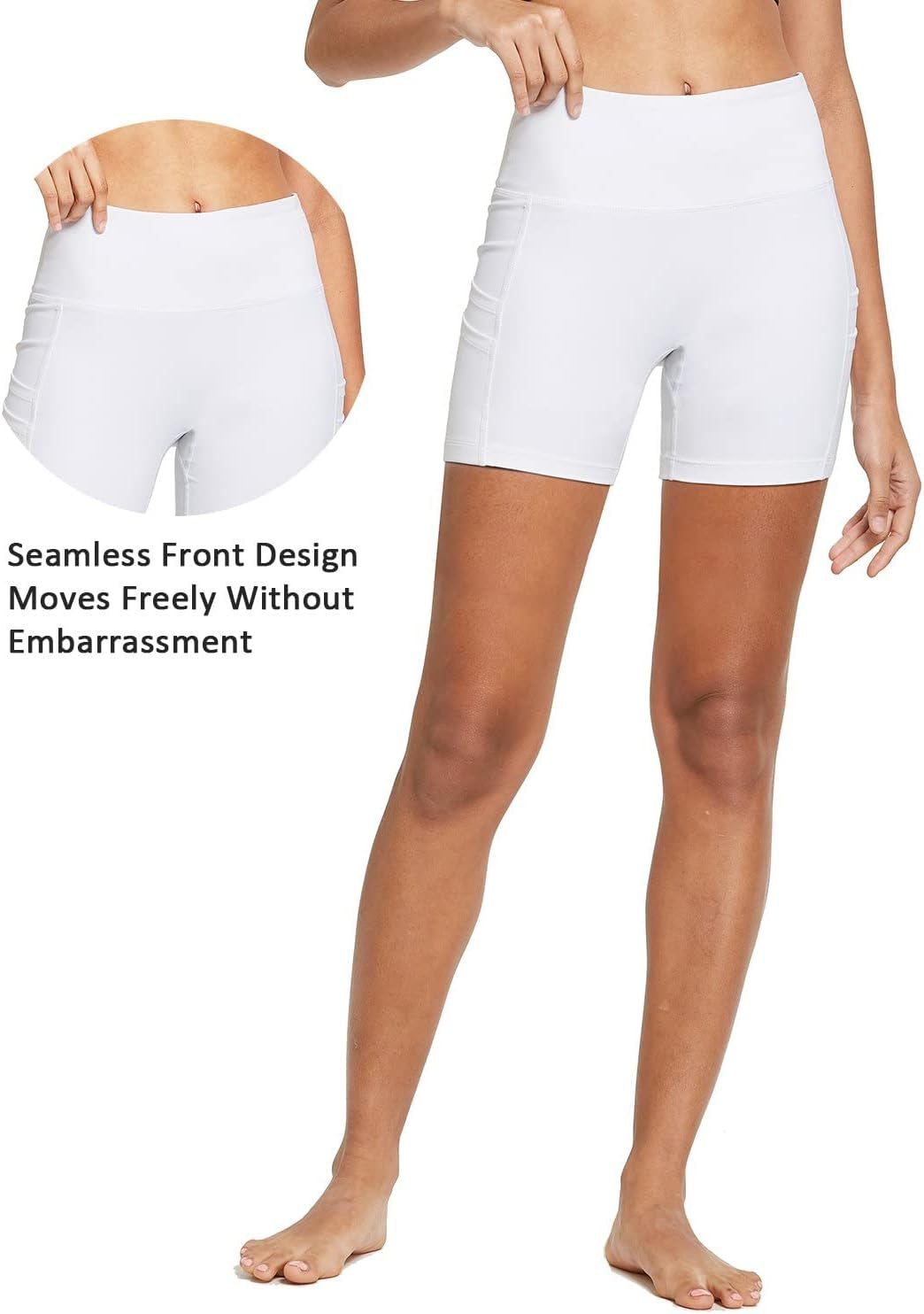 Women's 5-Inch High Waist Compression Biker Shorts with 4 Pockets for Yoga, Volleyball, and Running - White, Size L
