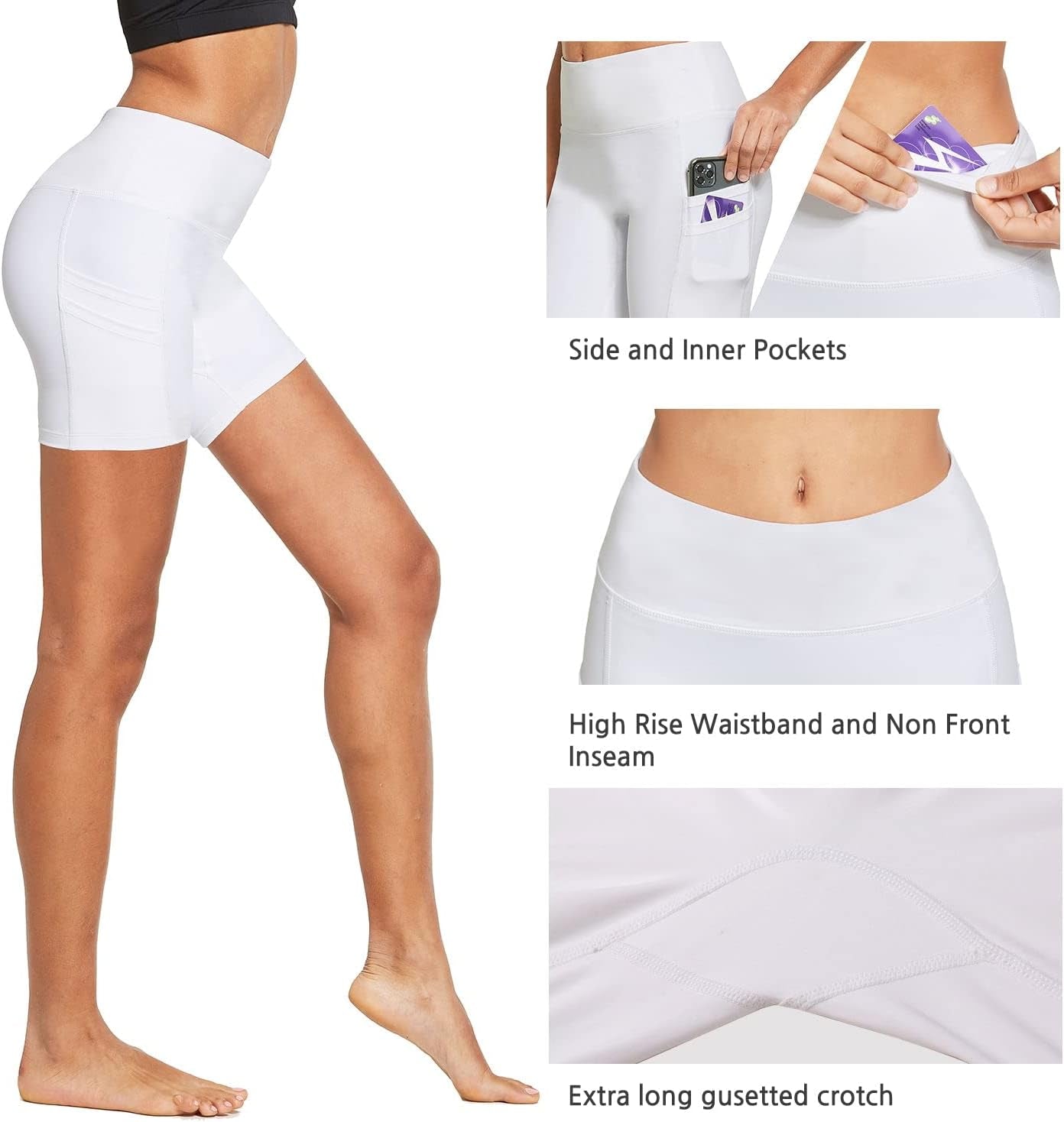 Women's 5-Inch High Waist Compression Biker Shorts with 4 Pockets for Yoga, Volleyball, and Running - White, Size L