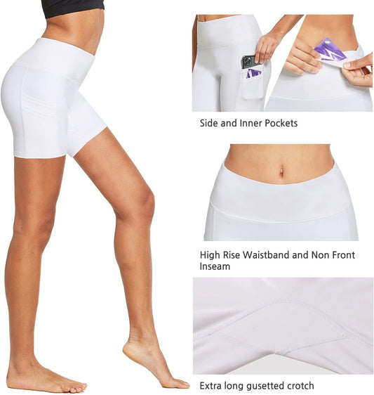 Women's 5-Inch High Waist Compression Biker Shorts with 4 Pockets for Yoga, Volleyball, and Running - White, Size L