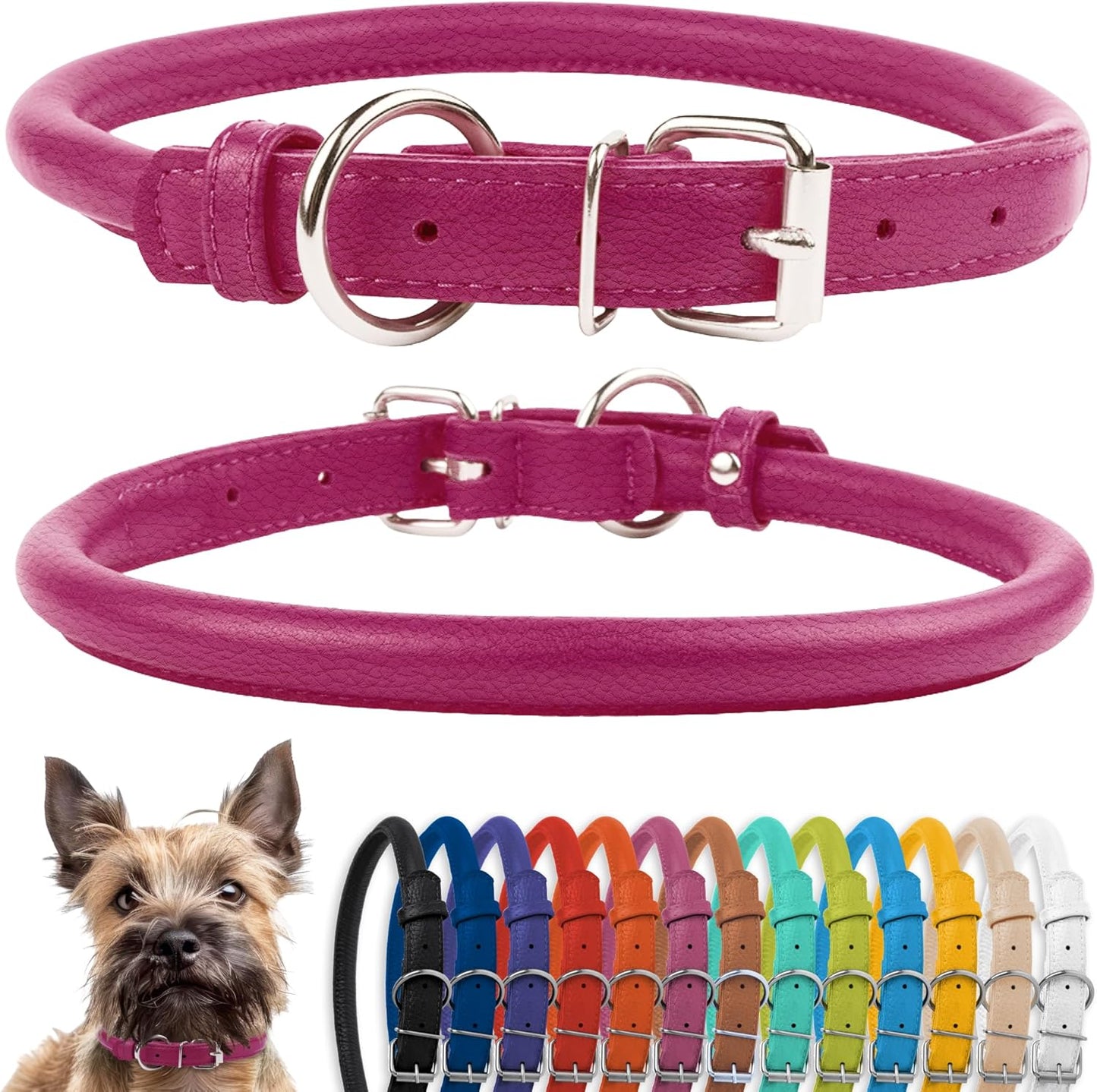 Rolled Leather Dog Collar, Soft Padded round Puppy Collar, Handmade Genuine Leather Collar for Dog Small Large Cat Collars Black Pink Red Purple Blue (Total Length 9", Pink)